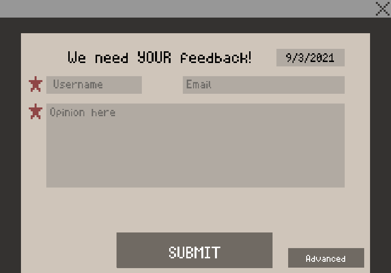 Feedback UI for players to submit their opinions.