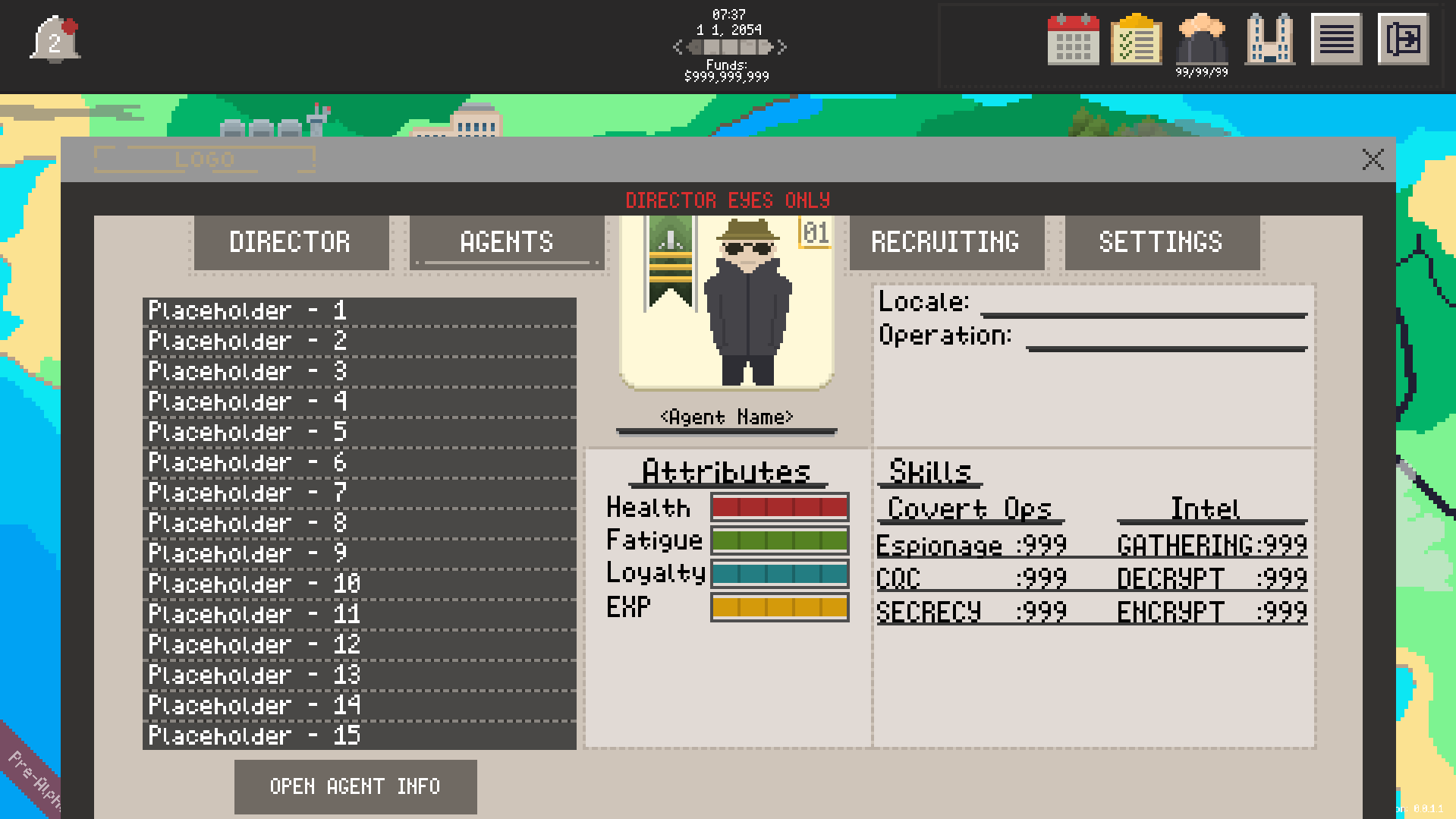 A pixel art image of the agents UI.